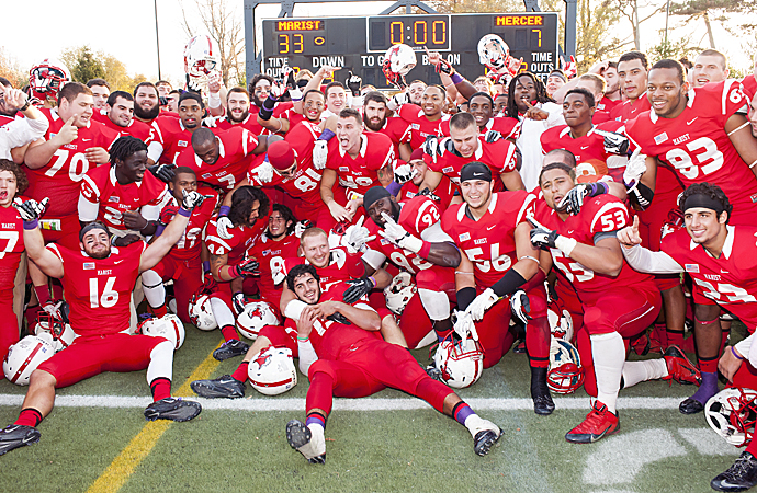Marist celebrates its first PFL title after its game, Saturday. (Photo courtesy Marist Athletic Media Relations)
